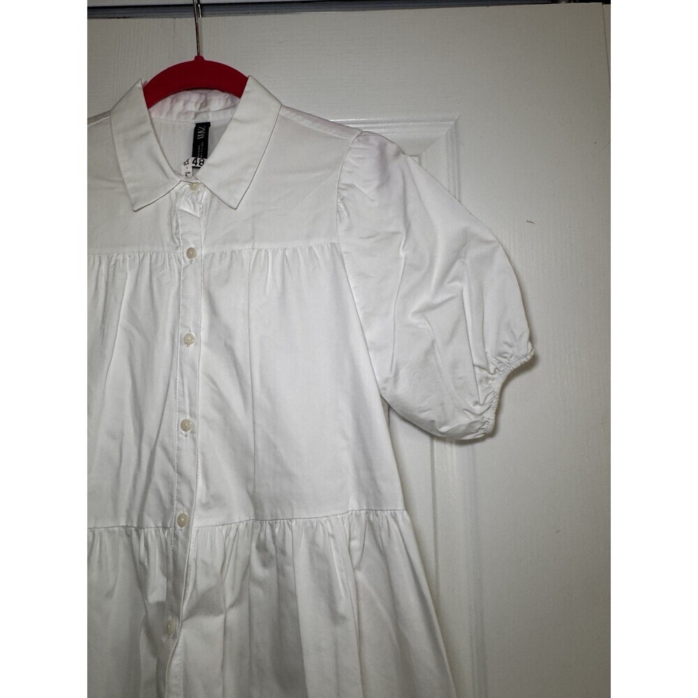 ZARA White Cotton Poplin Shirt Dress Puff Sleeve Tiered Mini Size S 4 6 - Picture 3 of 9